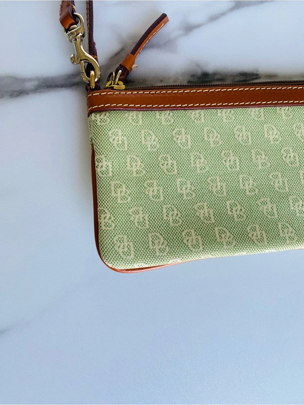 Dooney & Bourke vintage avocado green and brown monogram wristlet purse new